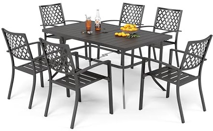 PHI VILLA Gartenmöbel Sets Metall für 6 Personen, Gartentisch und Stühle 7er Set, Rechteckiger Metall-Esstisch mit Schirmloch und 6 Stapelbare Terrasse Stühlen für Terrasse, Deck, Hof, Veranda