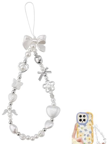 WQEDVN Phone Charm Strap, Pearl Heart Bow Beaded Phone Bracelet Strap, for Keychain Wallet Camera(White)