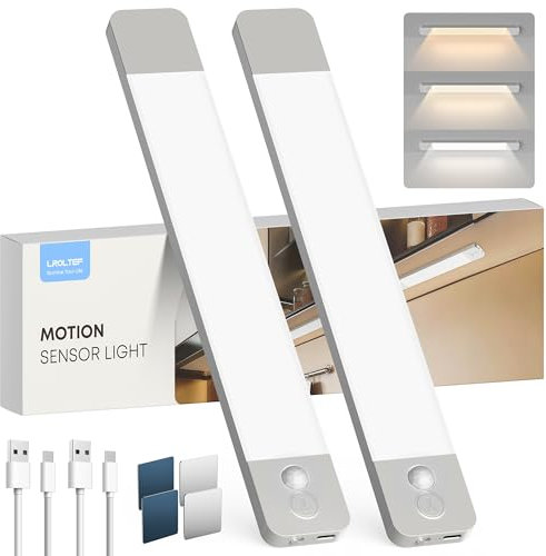 LROLTEF Schrankbeleuchtung Led Lampe mit Bewegungsmelder - 30cm 2200mAh 6500K 4000K 3000K 3 Farbtemperaturen Dimmbar Unterbauleuchte Küche - Aufladbar Kleiderschrank Licht Treppenbeleuchtung | 2 Stück