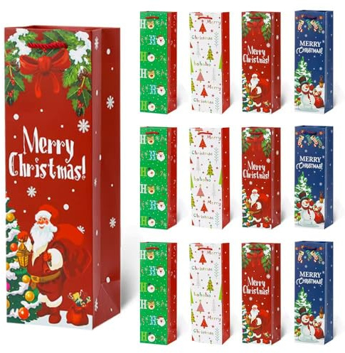 12PCS Christmas Bottle Gift Bags Premium Christmas Wine Bottle Gift Bag Wrapping Bags Bulk with Handles Gift Tags Reusable Holiday Wine Tote Gifts Xmas Party Favours New Year Champagne Whiskey Liquor