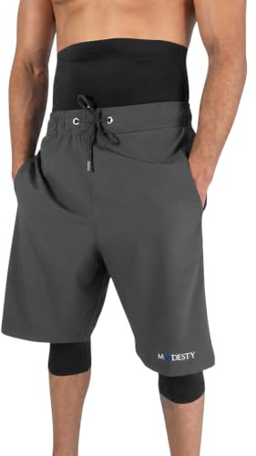 Modesty Maillot de Bain Homme Musulman Long Awrah avec Legging Intégré Séchage Rapide Anti-UV - Taille M - Gris/Noir