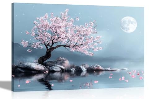 Artley Prints - Pink Tree Lake Fullmoon Stars Canvas Prints For Living Room Bedroom Landscape Wall Art Home Decor Extra Large 101 x 76cm (40 x 30 inches)