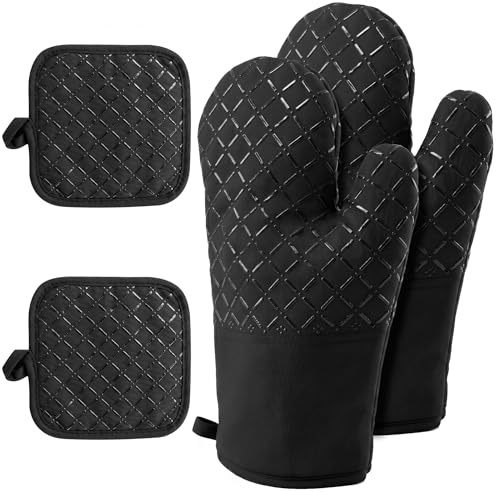 Ofenhandschuhe und hitzebeständige Unterlage,Topflappen und Kochhandschuhe im 4-teiligen Set,hitzebeständig bis 250°C für Kochen,Backen und Grillen