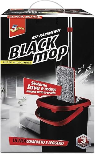 SUPERFIVE, Black Mop Kit, Lavapavimenti a Frangia Piatta, Sistema Lava e Asciuga, Frange in Microfibra, Per Tutti i Tipi di Pavimento