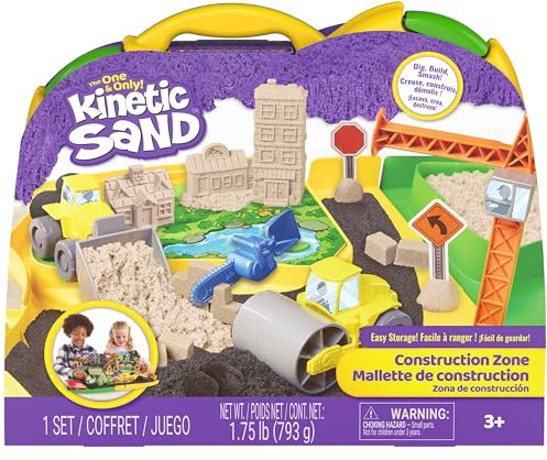 Kinetic Sand Deluxe Baustellen-Koffer, kinetischer Sand, ab 3 Jahren | Original aus Schweden | Mit Bagger & Fahrzeugen | Baustellen-Zubehör | Fördert Feinmotorik | Kreativer Spielspaß
