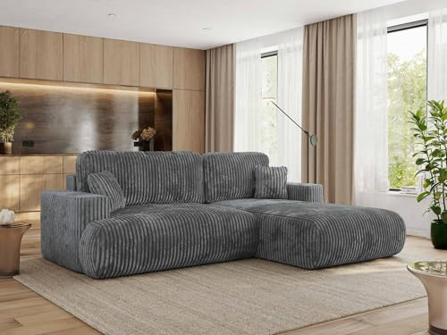 MKS MEBLE Ecksofa Wohnlandschaft L-Form mit Schlaffunktion und Bettwäscheschrank, Schlafsofa mit Bettkasten, modernes Sofa OVO L - Rechts - Dunkelgrau Cord
