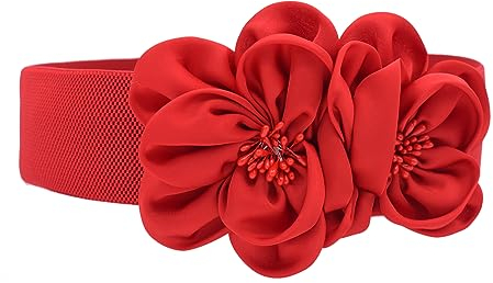 TeeYee Damen Mädchen Große Blumen Decor Schnalle Einstellbar Elastische Breite Gürtel (rot)