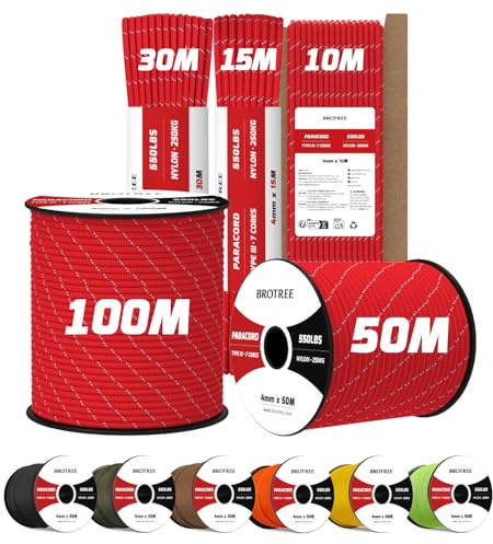 Brotree Réfléchissante 4mm Paracorde 550 7 Brins Corde en Nylon 30M Type III Corde Parachute - 250kg Charge de Rupture (Réfléchissante Rouge)