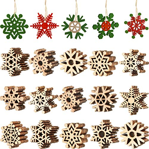 100 Stücke Weihnachten Holz Schneeflocke Unvollendete Holz Schneeflocke Holzdeko Ausgehöhlte Schneeflocken Verzierungen Weihnachtsbaum Hängende Ornamente mit Kordel für Weihnachten Dekor (2 Zoll)