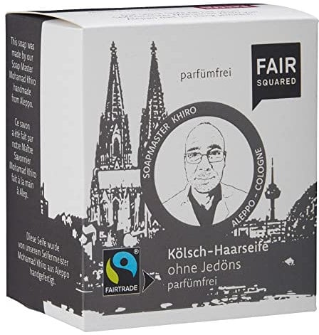 FAIR SQUARED Kölschhaarseife OHNE JEDÖNS FÖR DE PLÄÄT 1 x 80 Gramm, 1 x 12 Gramm - für Glatzenträger*innen - vegane Naturkosmetik - Zero Waste