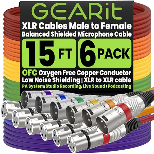 GEARit XLR to XLR Microphone Cable (15 Feet, 6 Pack) XLR Male to Female Mic Cable 3-Pin Balanced Shielded XLR Cable for Mic Mixer, Recording Studio, Podcast - Multi Colored, 15Ft, 6 Pack