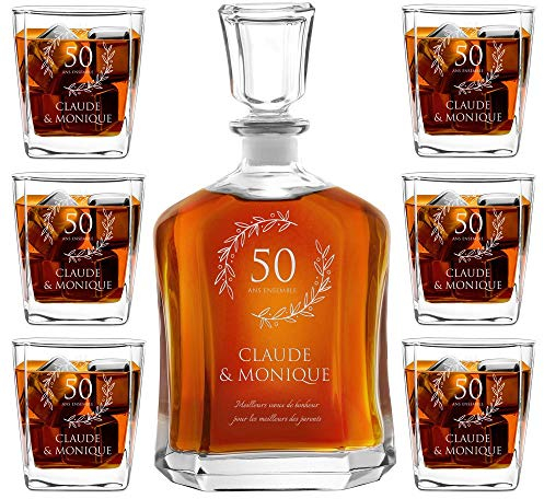 Maverton Ensemble de Carafe en Verre Personnalisé a Whisky Rhum Cognac Avec 6 Verres a Whisky Gravés Cadeau Personnalisé Couple - 700 ml Service Universel Verre a Whisky et Carafe - Ensemble