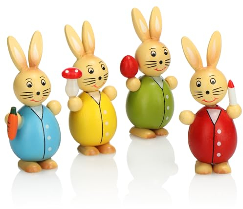 com-four® 4X Coniglietto Pasquale Decorativo in Legno - Supporto per Decorazioni Primaverili e Pasquali - Coniglietto in Legno in Colori Vivaci - Figure in Legno per Pasqua (4X Coniglietti Colorati)