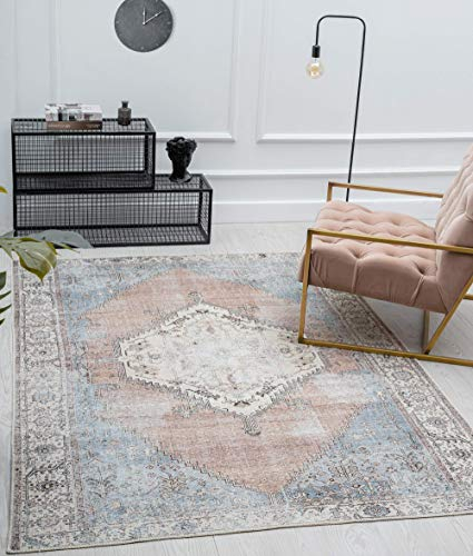 the carpet Zen Klassicher Vintage Wohnzimmer Teppich im Modernen Used Look, Superflach, Waschbar bis 30 Grad, Baumwollrücken, Orient Muster, Rot Blau, 200 x 290 cm