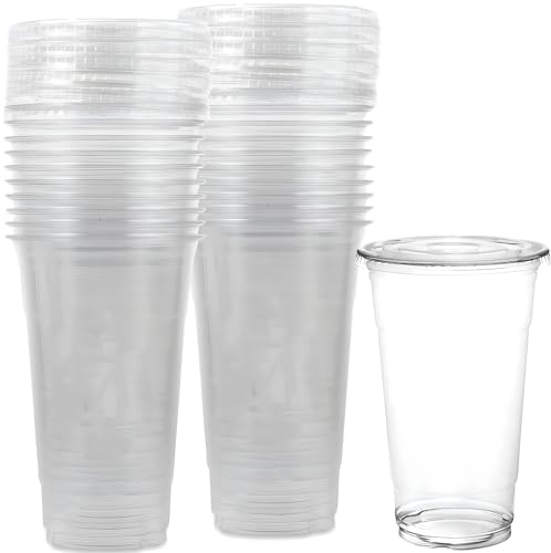 HomeyGear 24-Pack of Large Clear Plastic Cups with Flat Slotted Lids - Ideal for Cold Drinks and Bubble Tea - BPA-Free and Durable (24 oz)