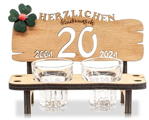 DARO Design Banc à shot - Banc à liqueur avec gravure en hêtre et 2 verres à liqueur Arcoroc - Trèfle et chiffres annuels - Cadeau d'anniversaire ou de mariage - 20 ans