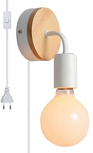 Chao Zan Wandlampe Vintage Wandlampe Innen Industrial Retro Drehbar mit Schalter Stecker Metall Holz Wandbeleuchtung E27 für Reppenhaus Schlafzimmer Wohnzimmer Dachboden(Ohne Leuchtmittel) (Weiß)