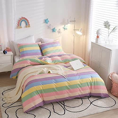 Sacebeleu Bettwäsche 135x200cm Mädchen Bunt Gestreift Regenbogen Kinderbettwäsche Set aus Mikrofaser,1 Bettbezug und 1 Kissenbezug 80x80cm mit Reißverschluss