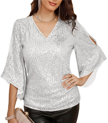 Damen Elegant Pailletten Bluse 9/10 Ärmel Loose Fit Rundhals Sommer Tops Casual Club Shirt Silber Weiss Pailletten XXL 2151
