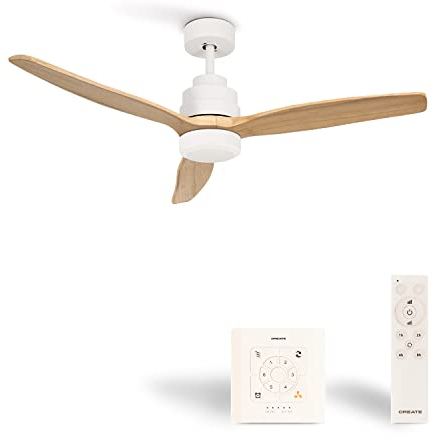 CREATE / WINDSTYLANCE DC/Ventilador de techo blanco aspas madera natural con controlador y mando / 40W, Silencioso, Ø132 cm, 6 velocidades, temporizador, verano-invierno, doble altura, motor DC