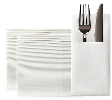 KLEENDOL Disposable Dinner Napkins with Built-in Flatware Pocket, Cloth Like Napkins,Disposbale Linen Feel White Napkin for Wedding Party,Prefolded for Silverware,100 Counts