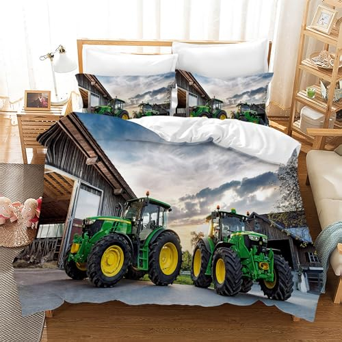 Leleyouzer Traktor Kinder Bettwäsche-Set +2 Kissenbezug 50×75 cm,Kinder Jugendliche Jungen Traktor Bettwäsche,Weiche Mikrofaser-Bettwäsche mit Reißverschluss (Traktor 1, 135×200 cm)