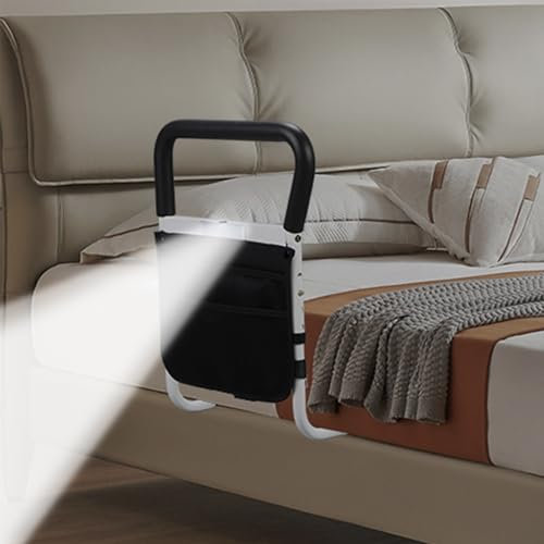 Treesunshine Tirador de cama con luz de movimiento y bolsa de almacenamiento, altura ajustable, barandilla de cama con sensor LED, barra de apoyo para personas mayores