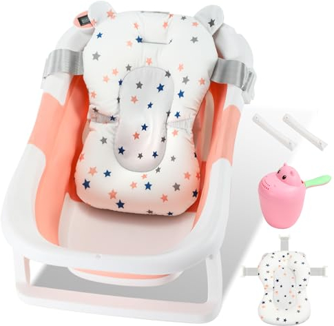 Izrielar Baignoire Pliable pour Bébé de 0 à 12 Mois - Avec Thermomètre, Tapis de Bain, Gobelet à Shampoing et Support Renforcé - Rose