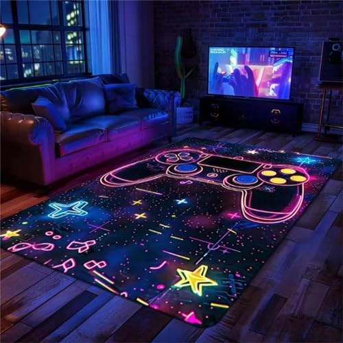 PEIHUODAN Spielteppich Für Das Wohnzimmer Jungen Kind Neon Gamer Controller Stern Galaxie Teppich Für Schlafzimmer Spiel Fußmatte Teenager Kinder Anti-Rutsch Waschbar (Colour 5,50x80cm)