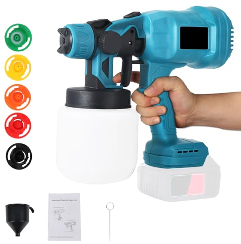 Akku Farbsprühsystem Wandfarbe, Farbsprühgerät Kompatibel mit Makita 18V, 800 ML HVLP Lackierpistole, Farbsprühpistole mit 5 Düsen, Sprühpistole für Wände, Möbel, Zäune (Ohne Batterie)