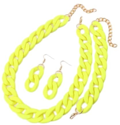 Tesselite Stück/Set Acryl-Gliederkette, Choker-Halskette für Damen, Bohemain, matt, bunt, Statement-Ohrringe, Armbänder, Halsketten, Schmucksets, Fluoreszierendes Gelb, Einheitsgröße