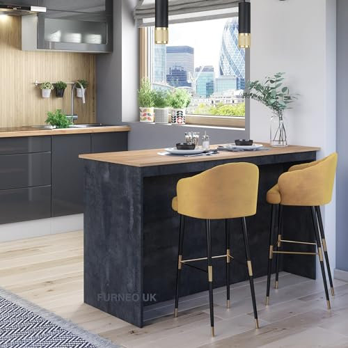 Furneo Kitchen Island 04 – Modern Kitchen Island with Breakfast Bar and Shelves, Black Concrete & Oak Effect Finish