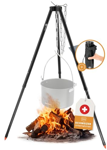 Bushpeak Grill Dreibein Camping Alustand Compact 124cm - Verstellbarer Schwenkgrill höhenverstellbar inklusive kompakter Transporttasche