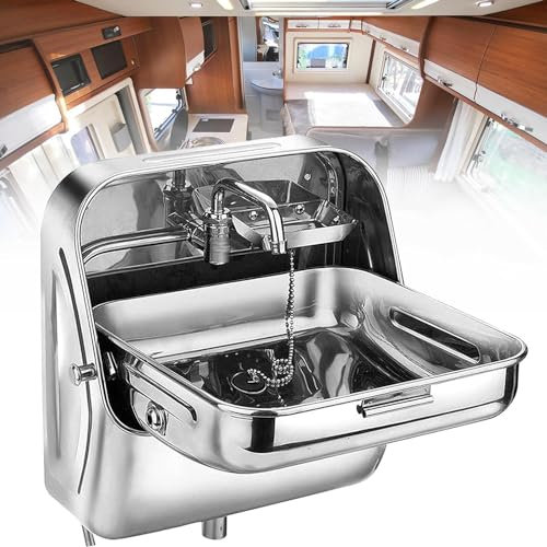 DPLXQPP évier Lavabo Pliable pour Camping-Car,évier Caravane,évier Salle Bain en Acier Inoxydable avec Robinet d'eau Froide,évier Lavabo Résistant Aux éclaboussures