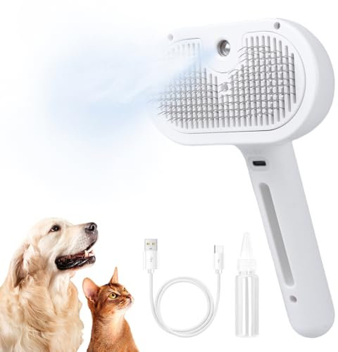 3-in-1 Katzenbürste mit Dampf, Antistatische Sprüh Hundebürste mit Wassertank Selbstreinigend Haustierbürste Knotenfest Haarentfernung mit Einem Knopf für Kurzhaar und Langhaar Hunde Katzen