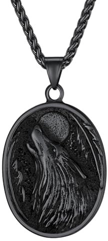 Supcare Herren Wolf Rune Anhänger mit Kette Schwarz Männer Nodischer Viking Wolfskopf Amulett Glücksbringer Oval Anhänger mit Runenkompass Edelstahl Halskette Wolf Kettenanhänger Schmuck für Vatertag