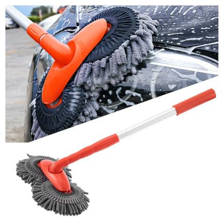 JNNJ Mopa De Microfibra para Coche Mopa De Limpieza, Mopa De Lavado Retráctil Y Desmontable, Cepillo Lavado Doble Cabezal con Rotación 360 Grados, Cepillo Doble Cabezal para Lavar Coches(1 Juego)
