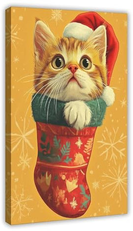 CSESTCGN Niedliches Weihnachtskatzen-Kunstposter auf Leinwand, Poster, Schlafzimmer, Dekoration, Landschaft, Büro, Raumdekoration, Geschenk, 50 x 75 cm