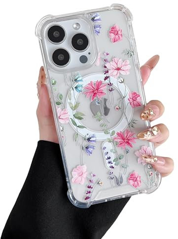 DEFBSC Magnetic Case for iPhone 15 Pro Max [Compatible with Magsafe], Clear Floral Flower Print Design Flexible Acrylic Bumper Protective Shockproof Case for iPhone 15 Pro Max - Pink Cosmos