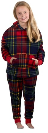 OHS Fleece Pyjamas for Kids, for Girls Boys Long Sleeve Hooded Top Oxford Tartan Check Christmas Pyjamas Two Piece Super Soft Warm Winter Loungewear Xmas Gifts, Navy/Red - Small