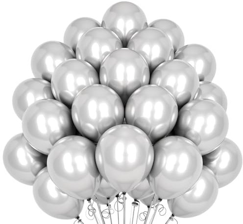 MOFOVS | 50 Palloncini Argento Metallizzati 30,5 Cm Lucenti 2a Generazione Lattice Naturale Biodegradabili Ecologici Gonfiabili Aria Elio Acqua Baby Shower Battesimo Compleanno Laurea Matrimonio Arco