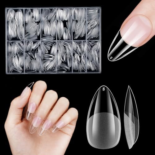 Almond Nail Tips for Gel Extensions, Venares 500 Pcs Soft Gel Full Cover Nail Tips for Acrylic Extensions, 12 Size Clear False Nails Extensions Tips with Case