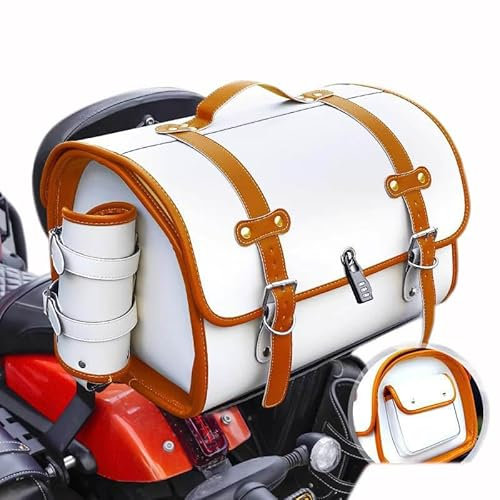 Motorrad Hecktasche für Harley Davidson Forty Eight, Leder Retro Motorrad Gepäcktasche, wasserdichte Große Kapazität Motorradtasche Motorrad Werkzeugtasche Reisetasche,E White+Brown