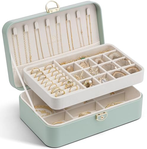 Vlando Schmuckkästchen Mädchen Damen, Doppelschicht Schmuckkasten, Abschließbare Schmuckschatulle, Schmuckaufbewahrung Box für Ringe Ohrringe Armbänder Halsketten, Schmuckkoffer, Hellgrün