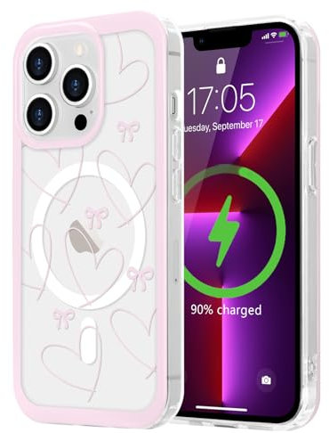 LCHULLE Cover Magnetica per iPhone 13 Pro Compatibile con MagSafe Custodia Trasparente Rosa Fiocco per Ragazze Donne Cover protettiva Magnetica Silicone Case per iPhone 13 Pro Cuore cavo