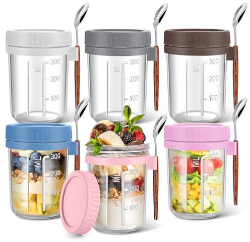 Yeenhoopy Haferbehälter mit Löffeln und Deckel, 473 ml, großes Fassungsvermögen, luftdichtes Glas für Haferflocken, Chia-Pudding, Joghurt, Parfait, Salate, Obst, 6 Stück
