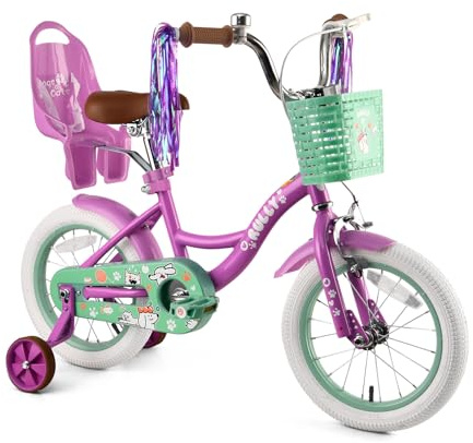 RULLY Bicicleta para niñas de 12–16 Pulgadas con ruedines, Cesta y Asiento para muñeca – Bicicleta Infantil Multicolor para 2–6 años