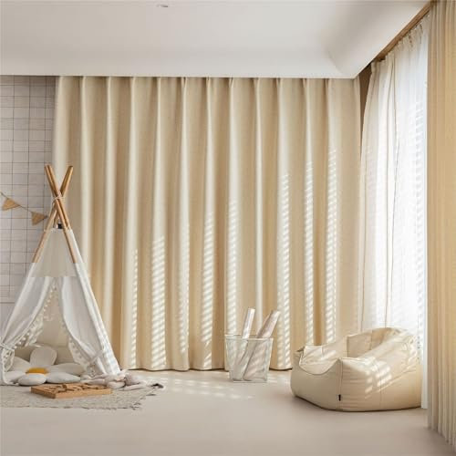 Mesnt Gardine Blickdicht Beige, 300x270cm Jacquard-Muster Thermovorhang Kälteschutz, Pleat Hook