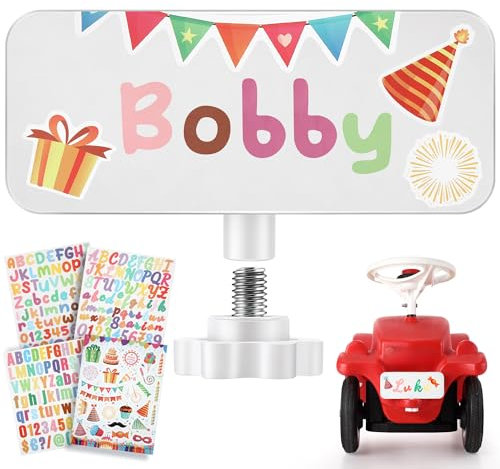 Enhon Aluminium Weiß Individuelles Nummernschild für Big Bobby Classic und New, 1 Fest Verstellbare Bolzen, 3 Buchstabenaufkleber, 1 Geburtstagsaufkleber, Namensschild für das Rutschfahrzeug