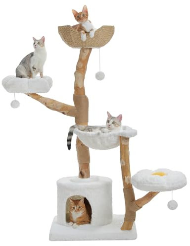 PAWZ Road 150cm Cat Tree Tower for Indoor Cats Large Adults with Large Wicker Basket and Hammock, Natural Solid Wood Scratching Post, Modern Cat Furniture Luxury Condo & Dual Flower Perches, White